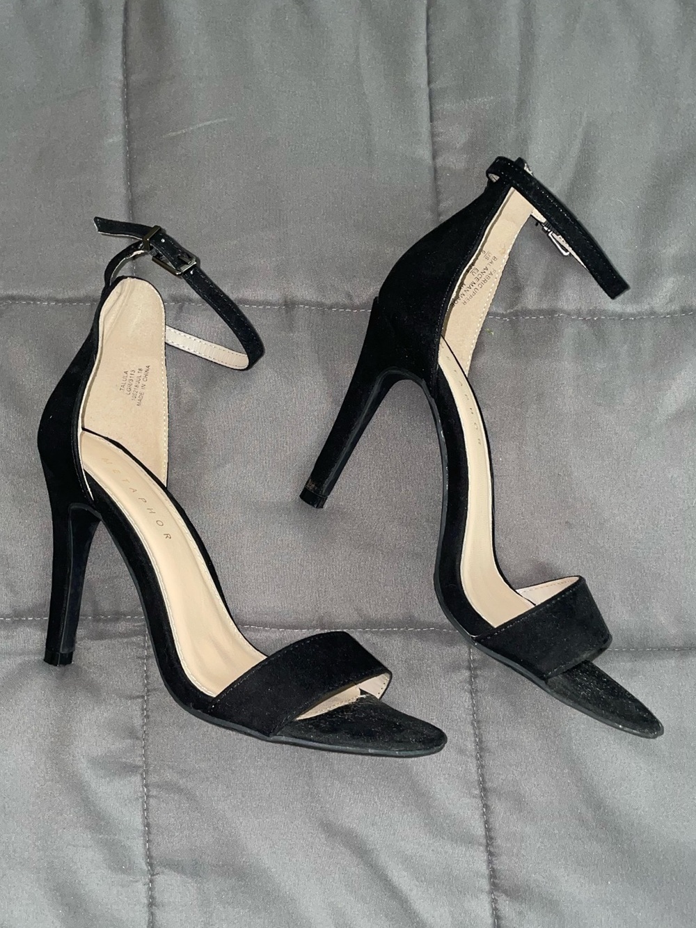 Metaphor Black Suede 4” Ankle-Strap Stiletto Heels